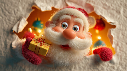 Santa Claus appears cheerful while holding a small gift, looking through a torn wall with vibrant holiday decorations in the background. Concept of Christmas, holiday celebrations, festive spirit