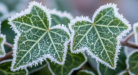 Close Up of Frozen Ivy Leaves Covered in Frost Displaying Winter Season and Natural Beauty with Intricate Details of Ice Crystals on Green Foliage