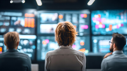 Teamwork in business strategy meeting modern office digital displays collaborative environment focused viewpoint