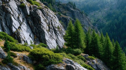 A breathtaking view of rocky mountains surrounded by dense evergreen trees, showcasing nature's beauty and tranquility.