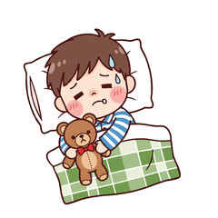 Sick boy sleeping in bed with teddy bear