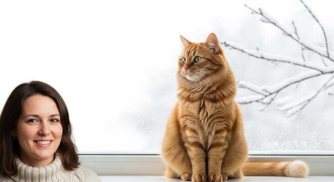 A woman and a ginger cat sitting on a windowsill with a snowy background.