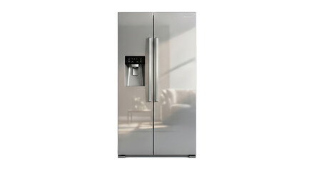 Modern Stainless Steel Side By Side Refrigerator With Water Dispenser In A Sunlit Room