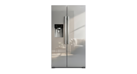 Modern Stainless Steel Side By Side Refrigerator With Water Dispenser In A Sunlit Room