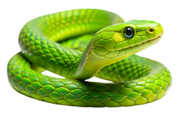 Vivid green mamba snake, coiled with detailed scales and striking blue eye, cutout, PNG, isolated on white or transparent background, AI