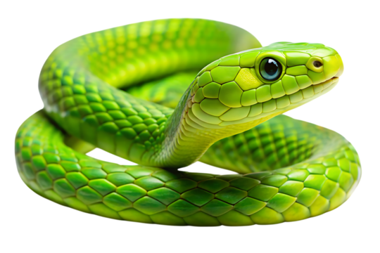 Vivid green mamba snake, coiled with detailed scales and striking blue eye, cutout, PNG, isolated on white or transparent background, AI
