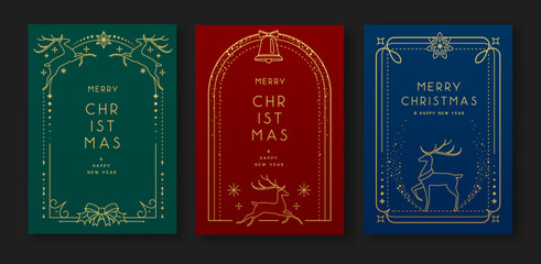 Set of modern Christmas frames or holiday greeting cards on emerald green, red and blue backgrounds. Line art vector illustration