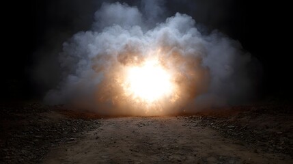 A powerful explosion erupts with a bright flash and billowing smoke against a dark night sky