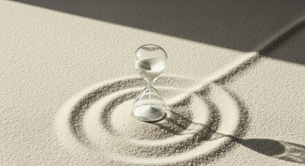 Sand flowing through a glass hourglass timer sitting in raked zen sand with circular patterns.