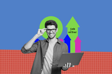 Image full sketch doodle collage of happy girl guy surf laptop arrow progress development deal aim achievement chance concept