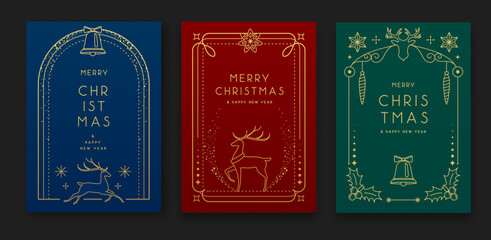 Fototapeta premium Set of modern Christmas frames or holiday greeting cards on emerald green, red and blue backgrounds. Line art vector illustration