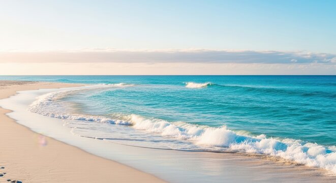 Gentle turquoise waves lap onto a soft, sandy beach under a clear, pale blue sky with a hint of sunset colors on the horizon