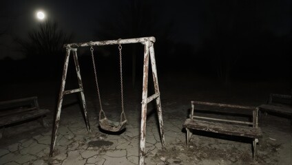 Fototapeta premium Eerie Playground at Night - Swing Set and Bench in Moonlight.