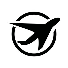 Obraz premium Black silhouette of an airplane taking off within a circular icon. Generic vector graphic for travel, aviation, transport, and flight concepts.