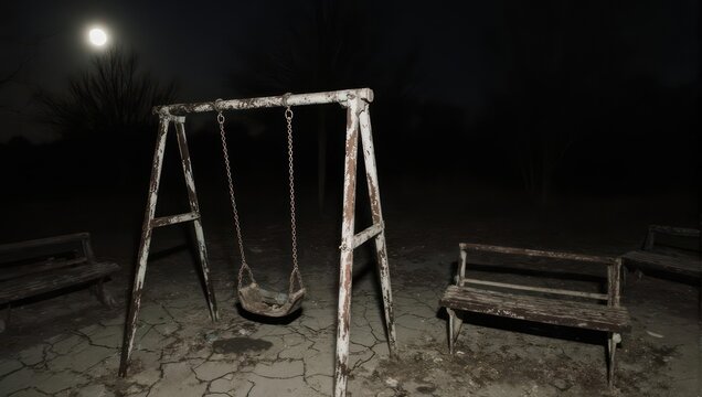 Eerie Playground at Night - Swing Set and Bench in Moonlight.
