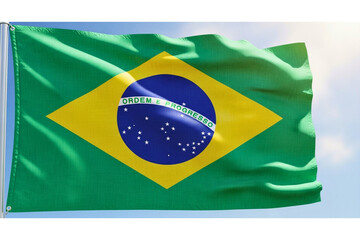 Fototapeta premium Brazil National Flag Waving in Wind Over Bright Sky, Green, Yellow, and Blue Emblem