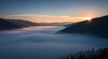 Sun rising over a vast mountain valley filled with dense blue fog and dark pine forests