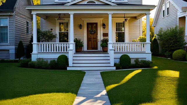 Suburban house exterior with front porch steps green lawn and pathway in soft daylight