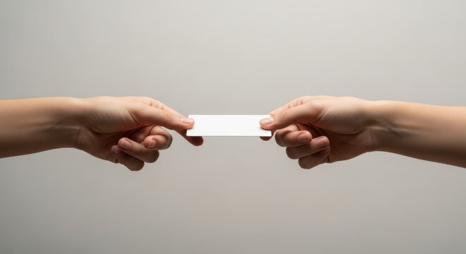 Two hands exchanging a blank white rectangular business card against a simple, neutral gray background.