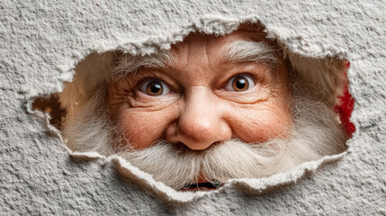 Santa Claus peeks through a torn section of wall, eyes opened wide with surprise and joy. Festive atmosphere with holiday spirit in home setting, creating a sense of wonder