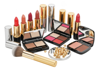Luxury makeup collection with lipsticks eyeshadow palettes and makeup brush
