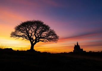 A breathtaking golden hour landscape featuring tree and building silhouettes against the tranquil, colorful evening sky as night falls, view, light, landscape