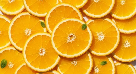 Vibrant close-up macro view of many fresh orange fruit slices with water droplets and scattered mint leaves.