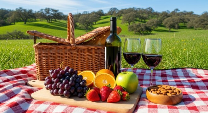 A picnic basket filled with bread, wine, fruits, and almonds on a checkered tablecloth in a lush green field.
