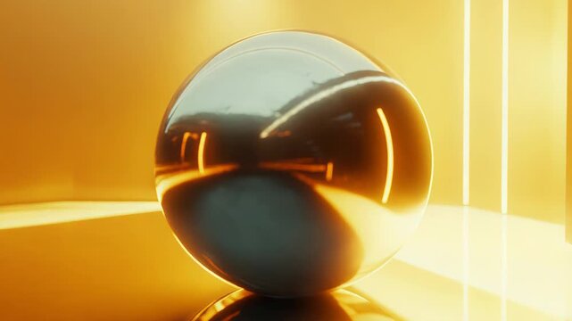 Reflecting chrome sphere in futuristic yellow minimalist room