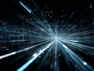 Glowing blue-white cyber grid tunnel on a pure black background, futuristic sci-fi perspective