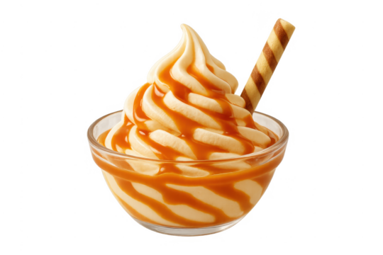 Soft serve ice cream sundae with caramel sauce