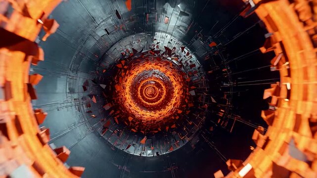 Epic glowing sci-fi tunnel with molten core energy portal industrial corridor time travel wormhole seamless loop