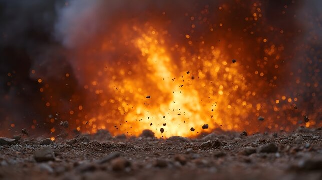 Intense explosion erupts with fiery flames smoke and debris scattering outwards from the ground