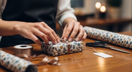 Fototapeta premium Womans hands carefully tie a ribbon around a wrapped gift box on a wooden table, surrounded by wrapping supplies.
