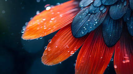 Red and blue flower petals with water drops
