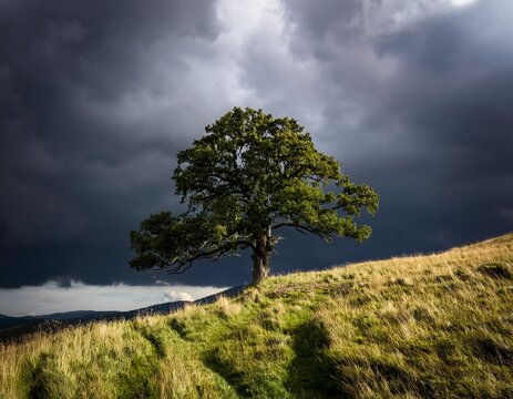 a single oak tree standing on a grassy hilltop with dark storm clouds gathering overhead