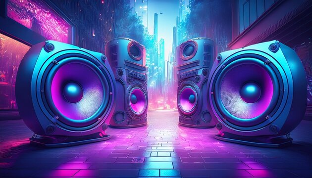 giant speakers on a city street blue and purple colors cyberpunk style urban and loud music concept