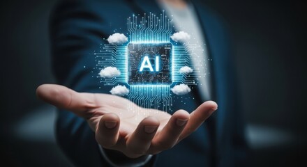 A hand holds a glowing ai chip surrounded by digital clouds and circuits, symbolizing artificial intelligence and cloud computing