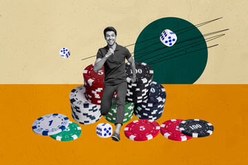 Art image full photo collage of happy girl guy sit chip casino game tournament winner bet poker...