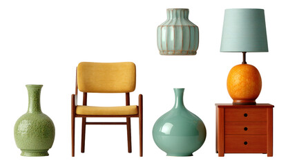 Modern Minimalist Furniture Arrangement with Colorful Vases and Decorative Items