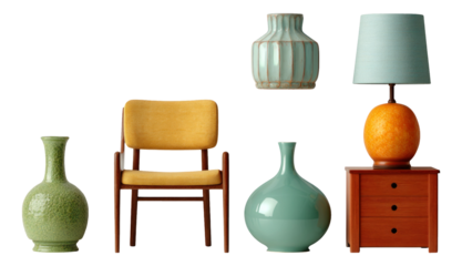 Modern Minimalist Furniture Arrangement with Colorful Vases and Decorative Items