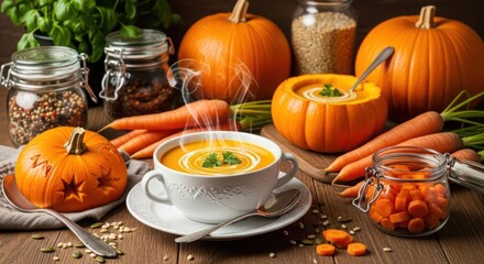 Steaming bowl of pumpkin soup served in a hollowed pumpkin with carrots and jars of ingredients on a wooden table