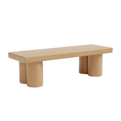 Modern wooden bench with cylindrical legs and a natural wood grain finish presented against a transparent background