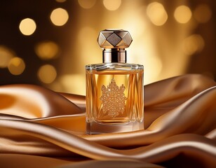 elegant perfume bottle on golden silk fabric with bokeh lights creating a luxurious and glamorous scene