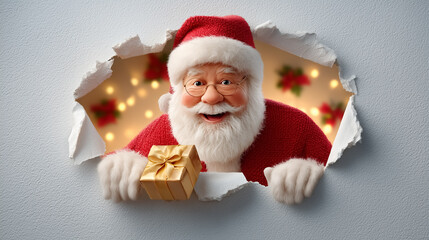 Santa Claus smiling and peering through torn wall holding a gift. Bright festive background filled with lights and decorations creating a joyful atmosphere