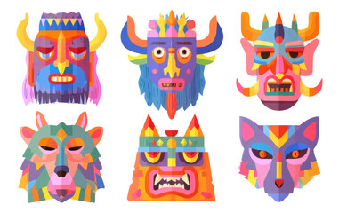 Obraz premium Colorful Mythological Warrior Masks Isolated on Transparent Background