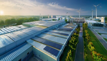 green energy powered industrial zone a hub of eco friendly factories and warehouses driving sustainable economic growth through renewable energy sources