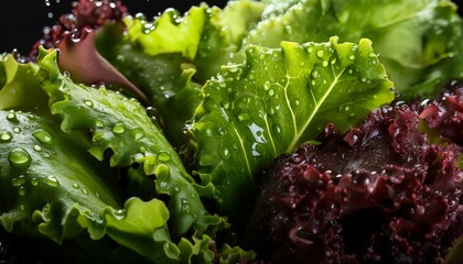 a closeup of fresh vibrant lettuce and kale leaves covered in water droplets showcasing their textures and colors