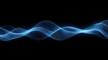 Dynamic glowing blue waveform flowing through dark space, representing digital data, sound waves, or abstract technology concepts.