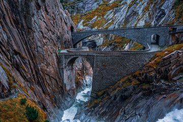 View of the Devil's Bridge in the Alps near Andermatt in Switzerland.